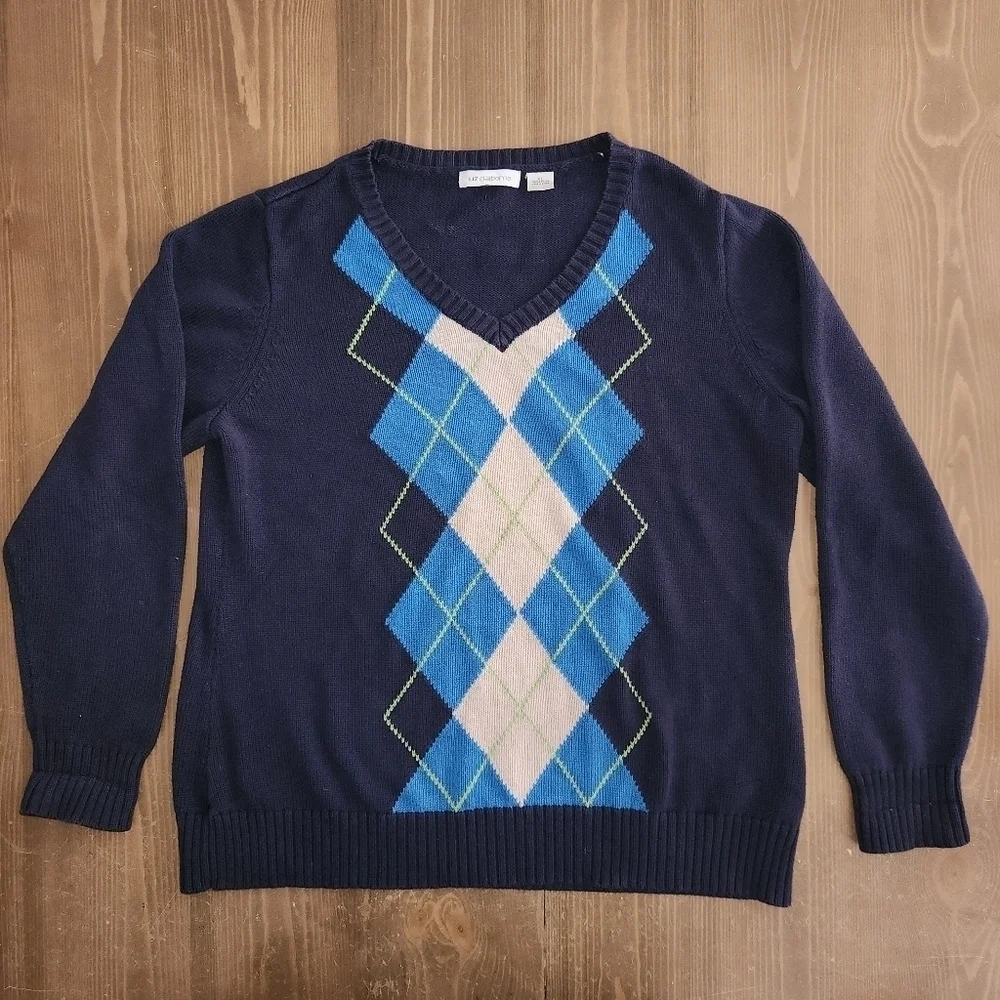 LIZ CLAIBORNE 100% Cotton Navy Argyle Sweater Men's Size XL Navy Blue Pullover